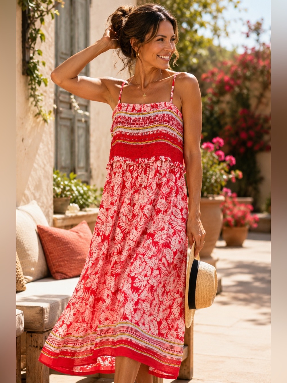 CUPSHE Red Cream Tropical Leaf Smocked Maxi Dress NWT | Size M